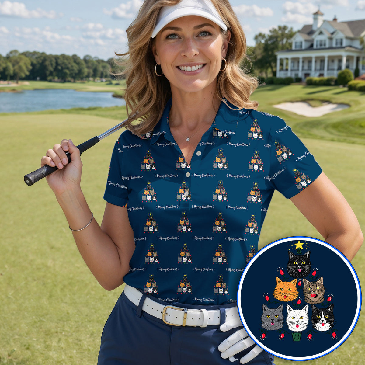 Meowy Christmas Cat Golf Polos, Festive Cat Christmas Pattern Golf Shirt, Xmas Golf Gift For Cat Lovers