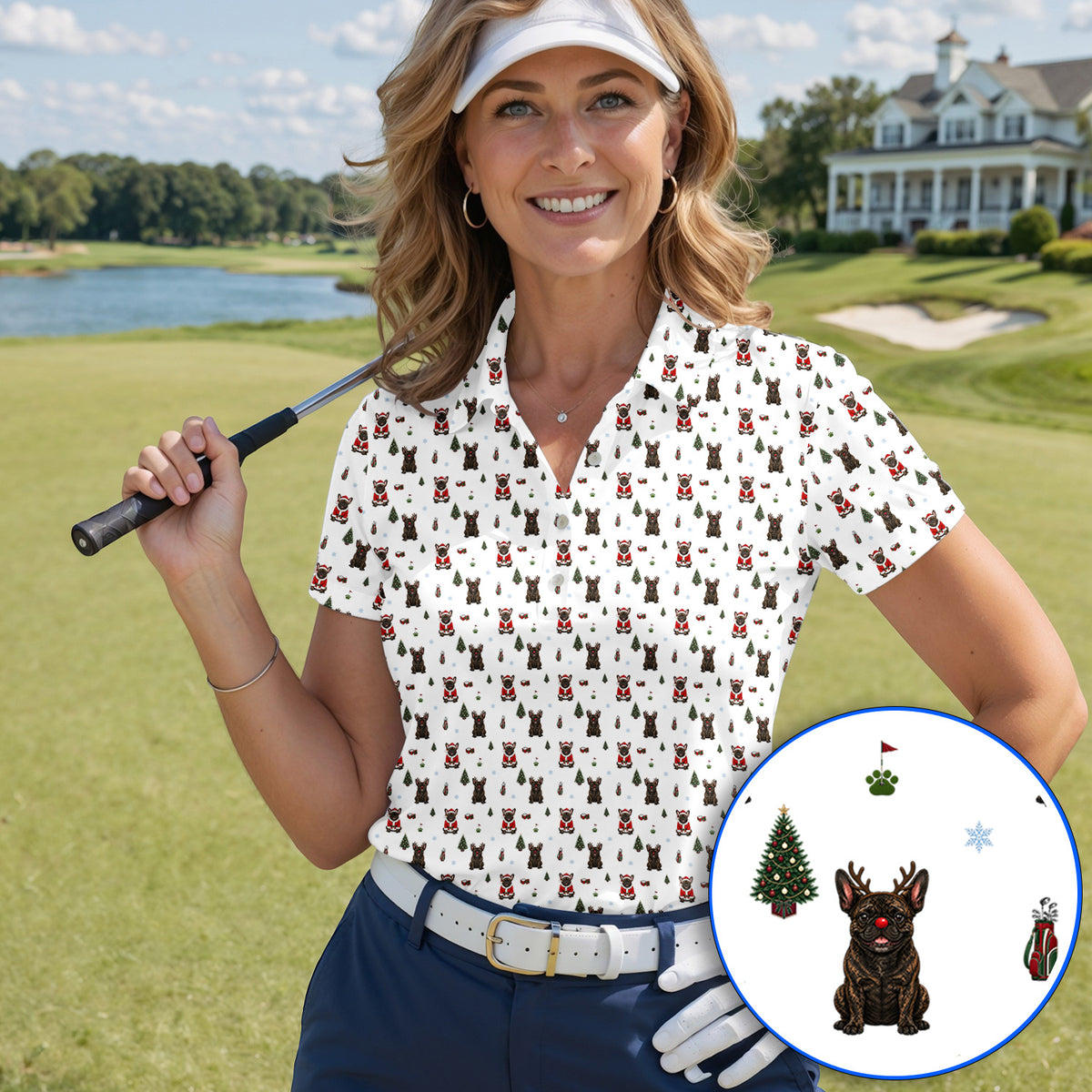 Reindeer French Bulldog Christmas Golf Polos, Festive Dog Holiday Pattern Golf Shirt, Xmas Golf Gift for Golfers