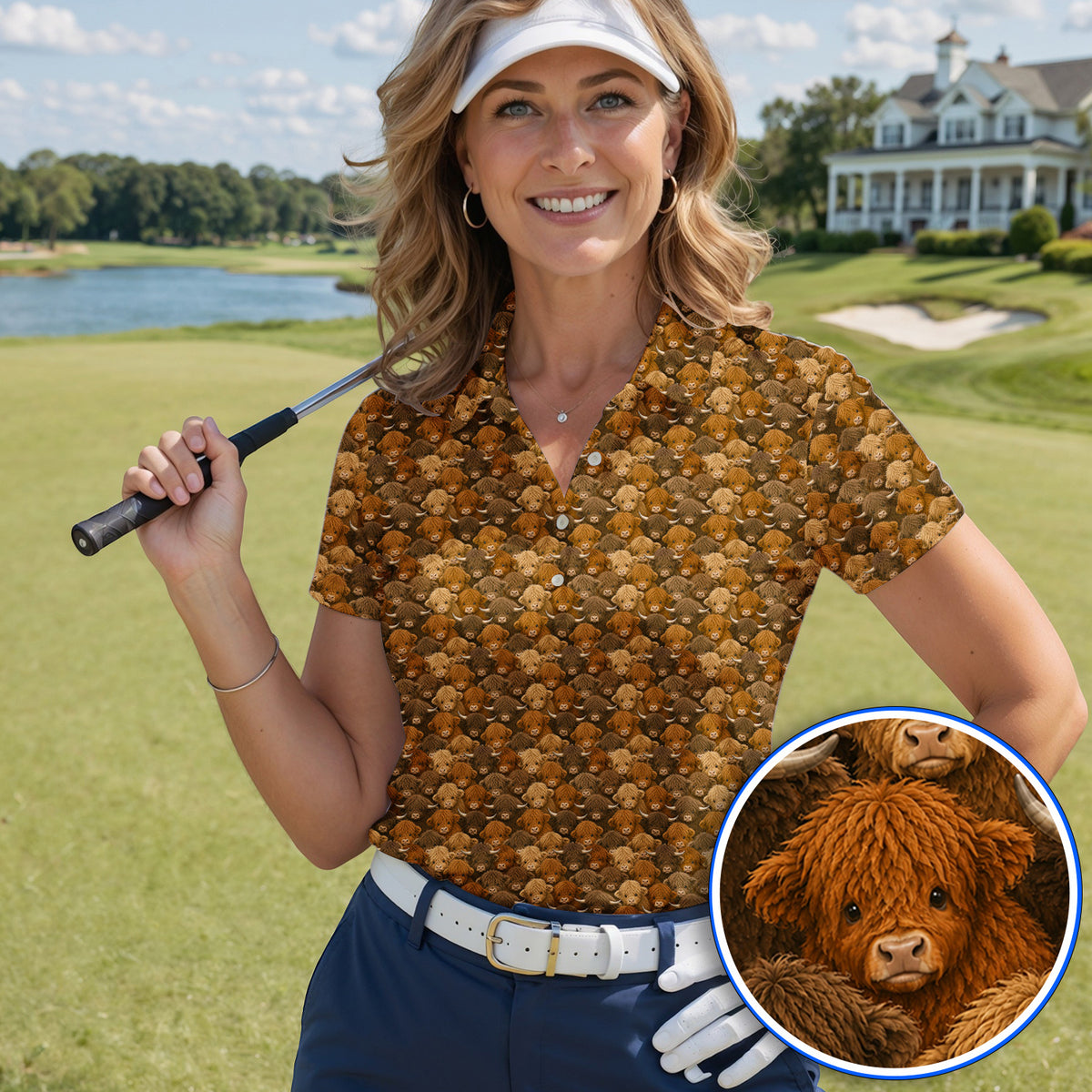 Highland Cow Pattern Golf Polos, Crazy Golf Gift For Golfer, Highland Cow Golf Shirt