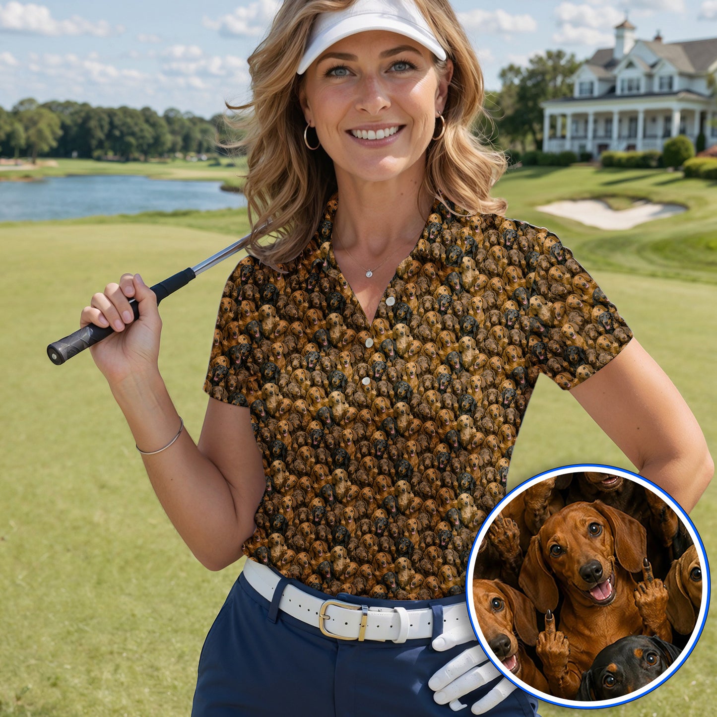 Funny Dachshund Golf Shirt, Wiener Dog Pattern Golf Polos, Doxie Lover Gift For Golfer