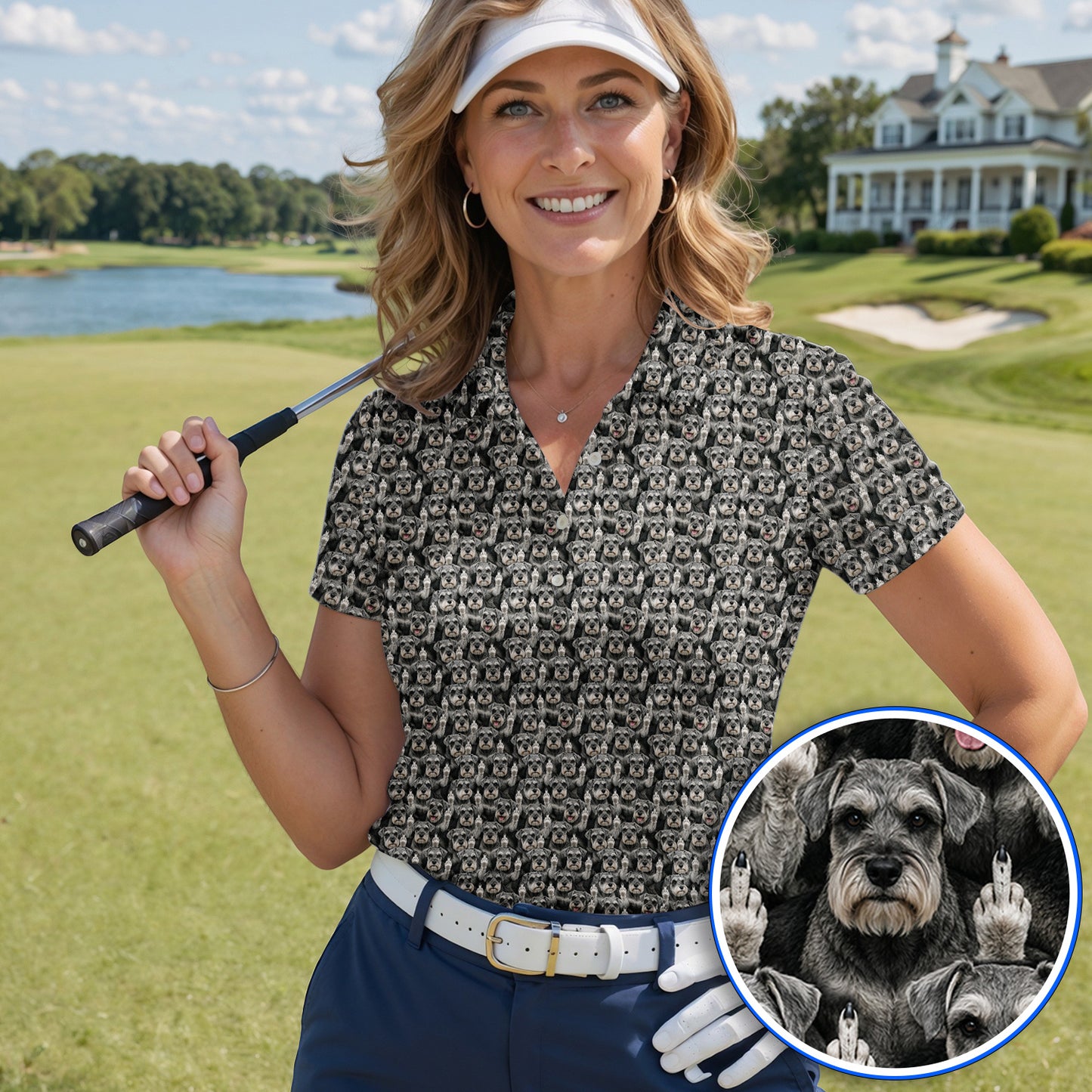 Miniature Schnauzer Middle Finger Golf Polos, Funny Mini Schnauzer Pattern Golf Shirt, Golf Gift For Golfer