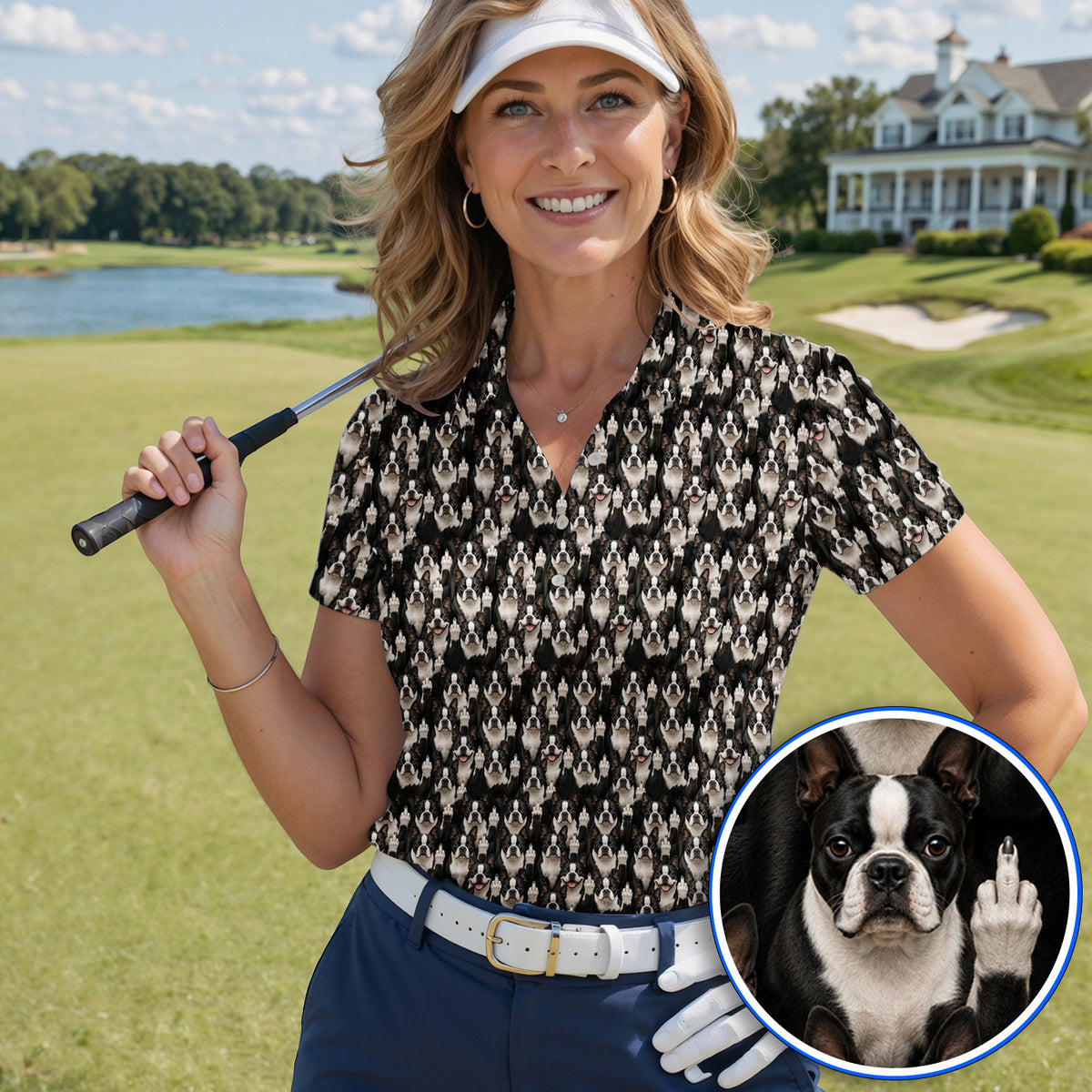 Boston Terrier Pattern Golf Polos, Funny Boston Terrier Golf Shirt, Golf Gift For Golfer