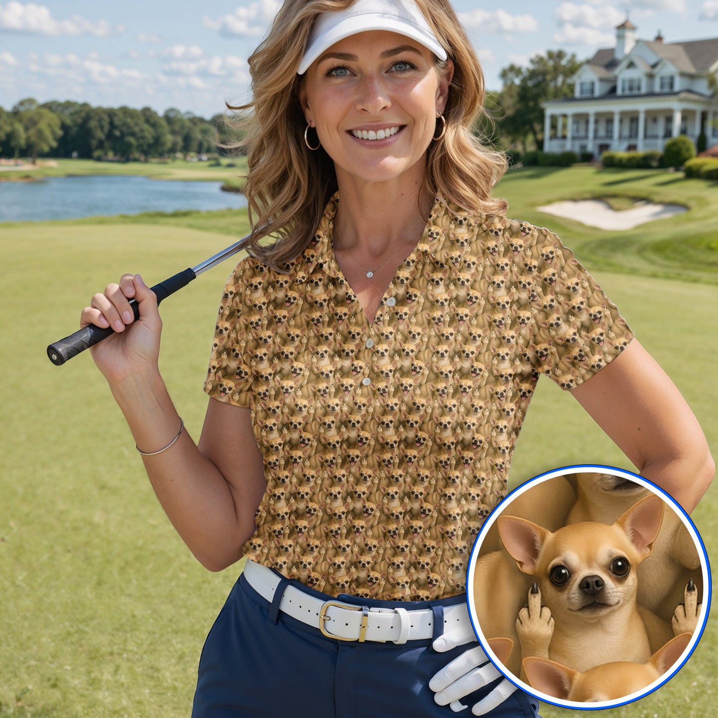 Chihuahua Middle Finger Golf Polos, Funny Chihuahua Pattern Golf Shirt for Dog Lovers, Golf Gift For Golfer