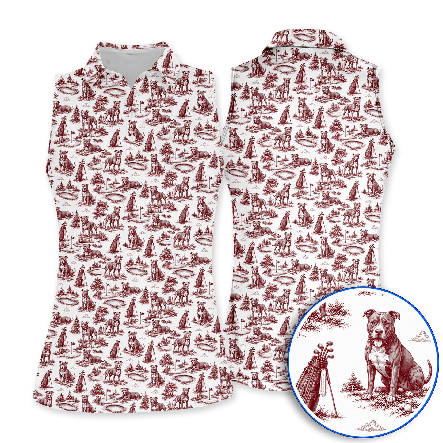 Crazy Pit Bull Golf Polos For Golfer, Toile de Jouy Pit Bull Pattern Golf Shirt, Dog Lover Golf Gift
