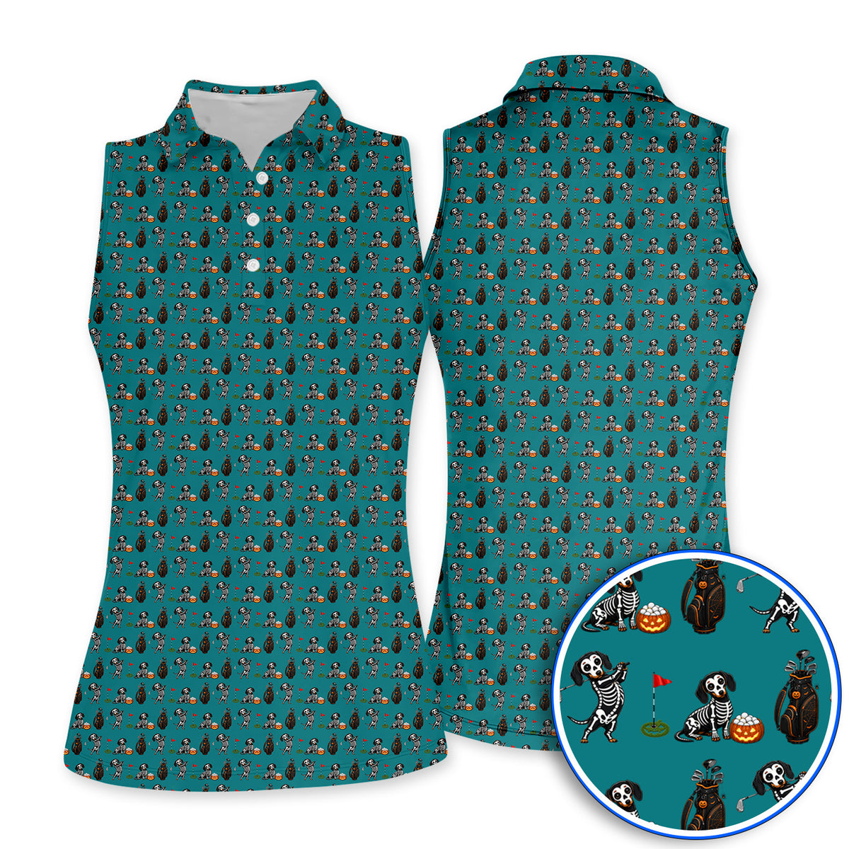 Halloween Dachshund Golf Polos, Skeleton Wiener Dog Pattern Golf Shirt, Funny Golf Gift for Golfer
