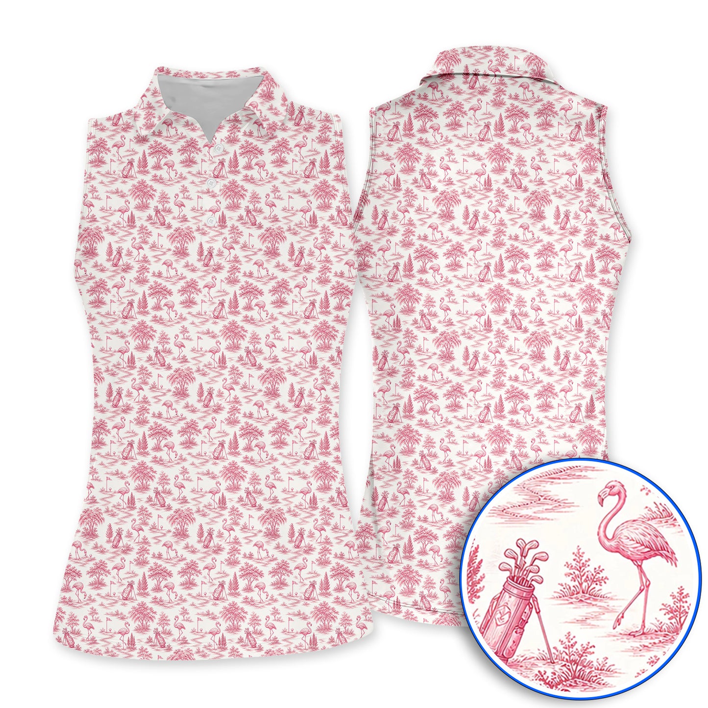 Toile De Jouy Flamingo Pattern Golf Shirt, Crazy Pink Golf Polos, Golf Gift For Golfer