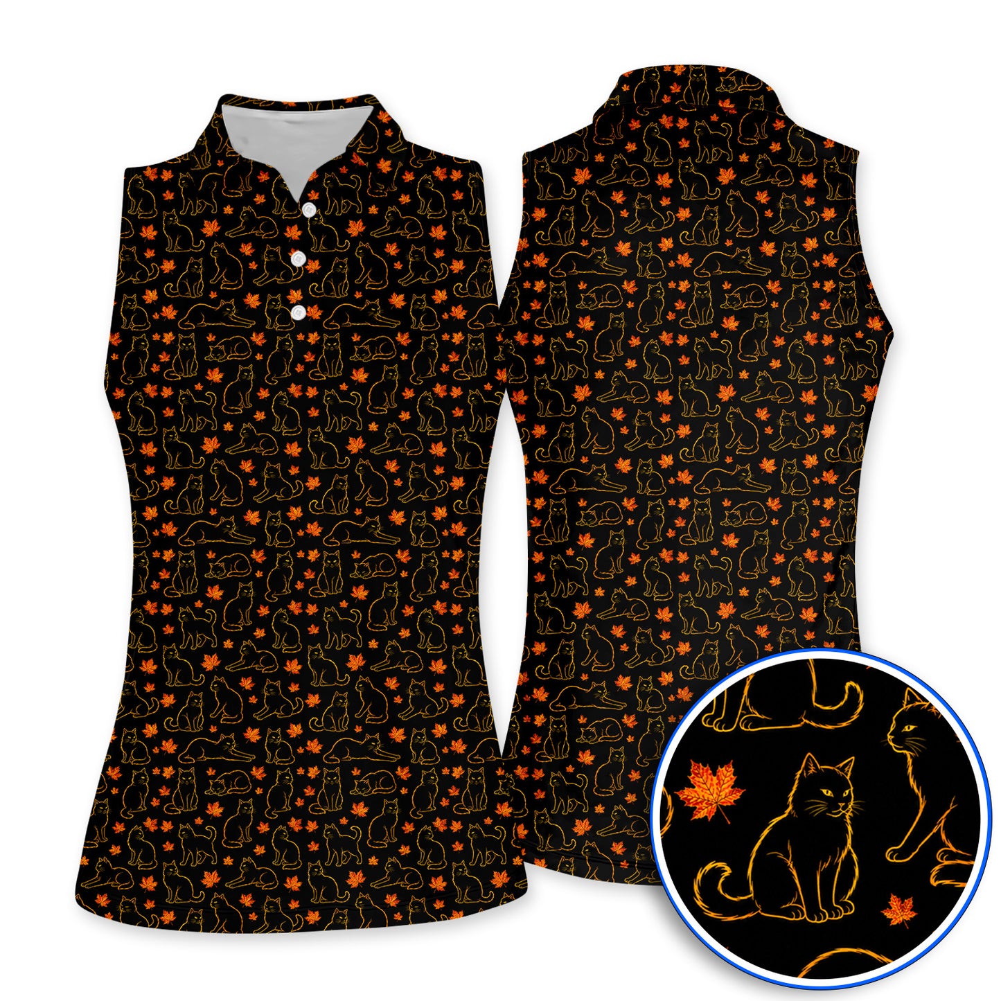 Autumn Black Longhair Cat Golf Polos, Black Longhair Cat Pattern Golf Shirt, Cat Lovers Golf Gift