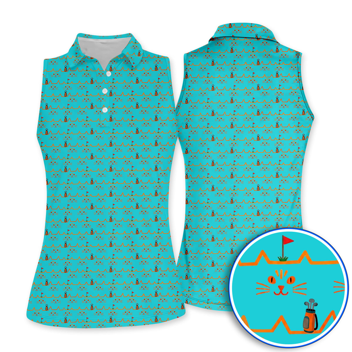 Cat Lover Golf Shirt, Turquoise Cat Face & Golf Bag Pattern Golf Polos, Funny Kitty Golf Gift for Golfers