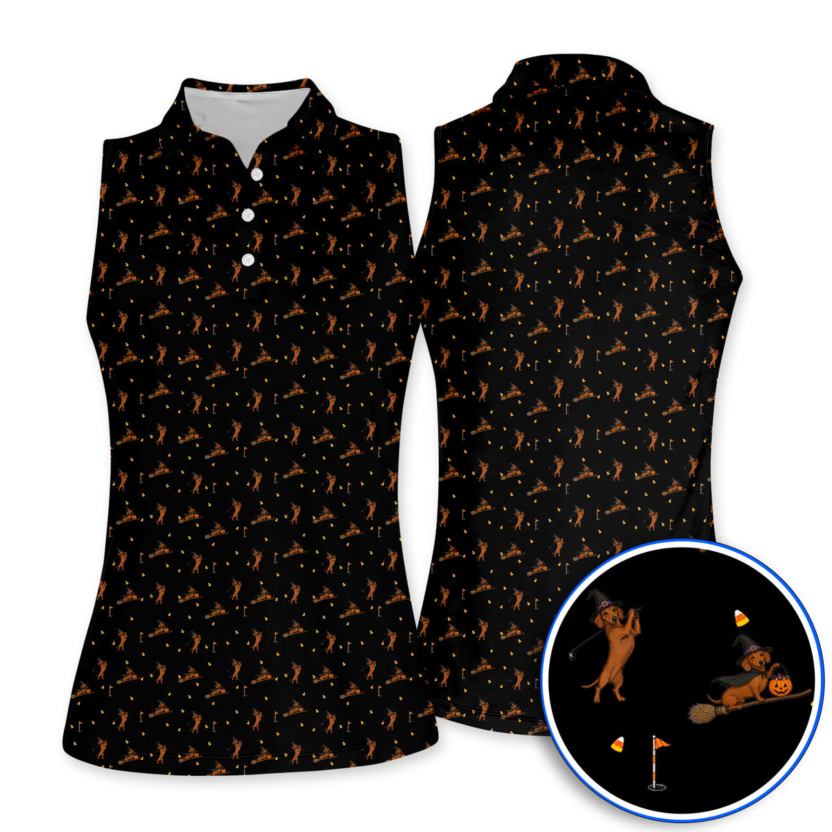 Funny Witch Dachshund Golf Shirt, Halloween Wiener Dog Pattern Golf Polos, Golf Gift for Golfer