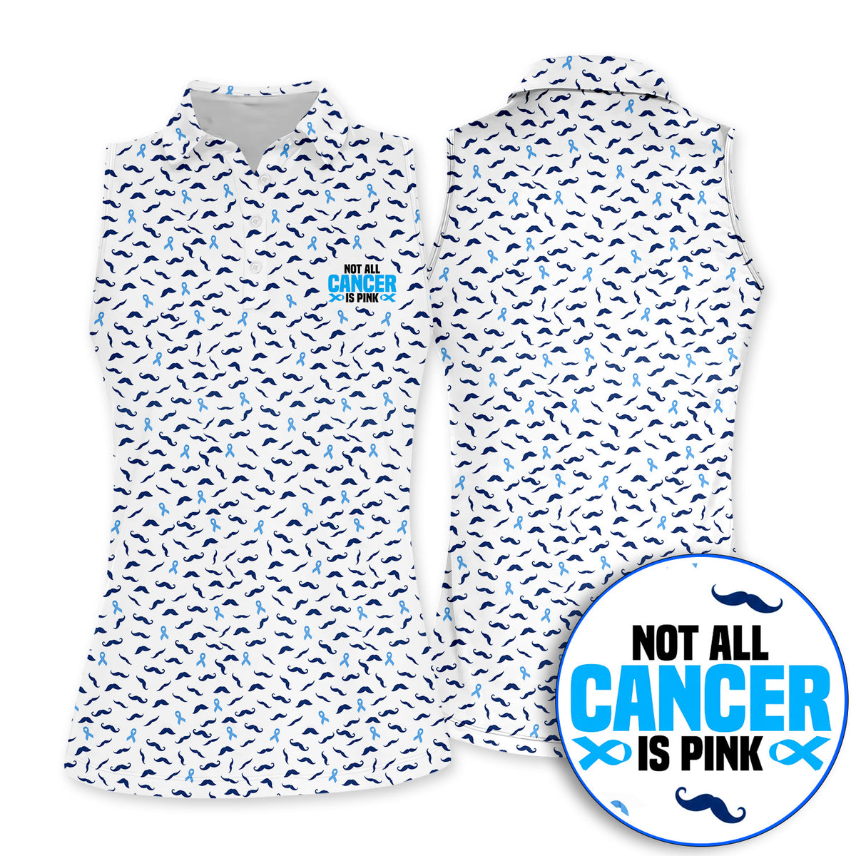 Prostate Cancer Awareness Golf Shirt, Blue Ribbon Mustache Pattern Golf Polos, Support Gift for Golfers