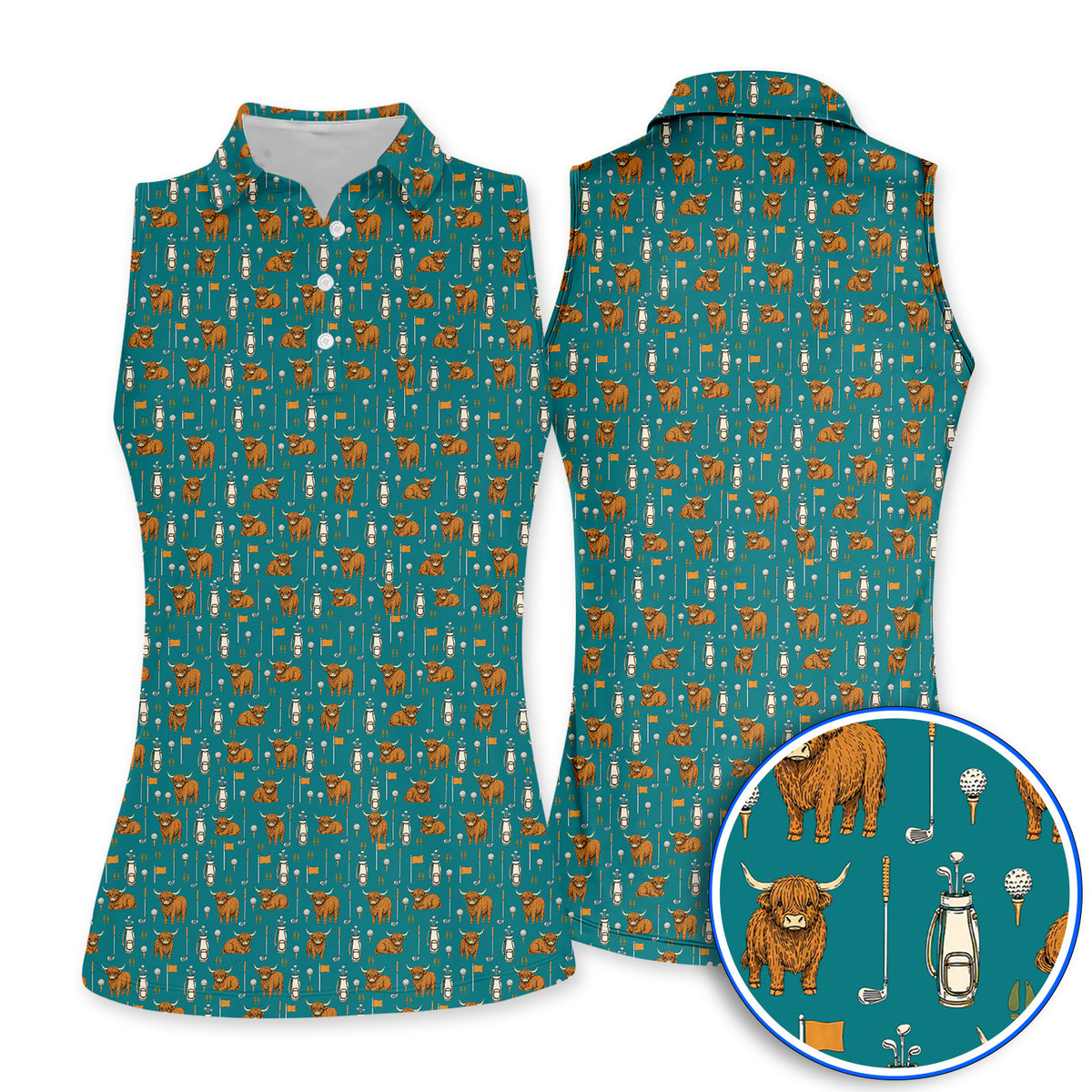 Highland Cow Fairway Polos, Highland Cow Golf Pattern Shirt, Golf Gift For Golfer