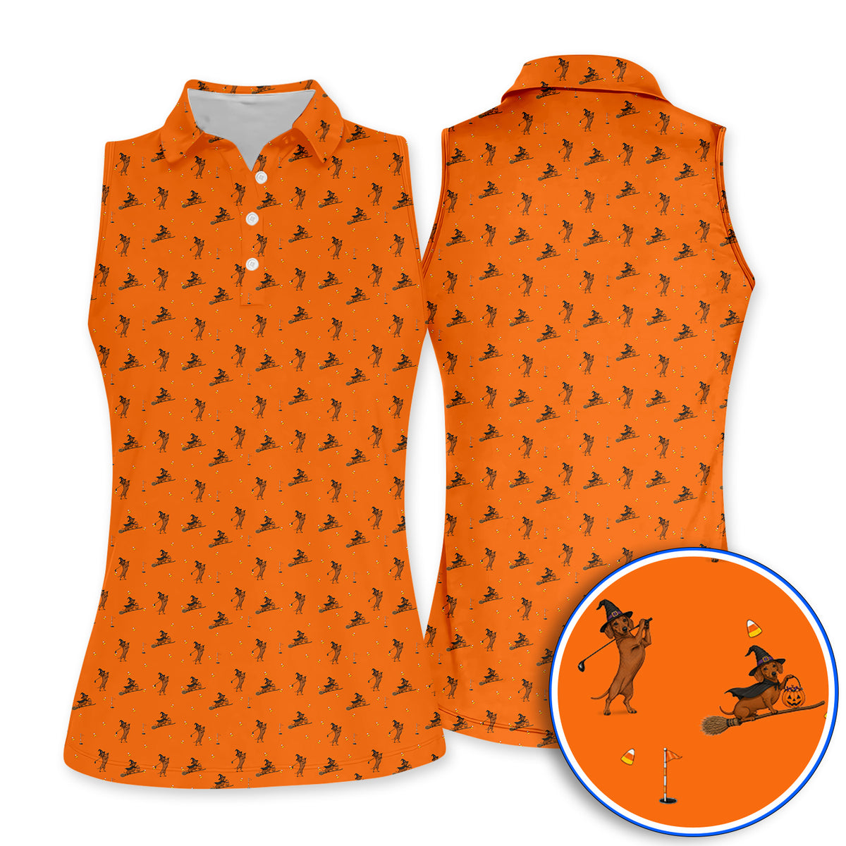 Funny Witch Dachshund Golf Shirt, Halloween Wiener Dog Pattern Golf Polos, Golf Gift for Golfer