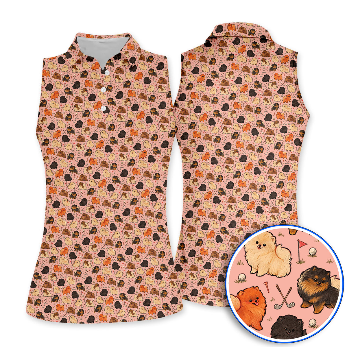 Funny Pomeranian Golf Polos, Pom Dog & Golf Pattern Shirt, Golf Gift For Golfer