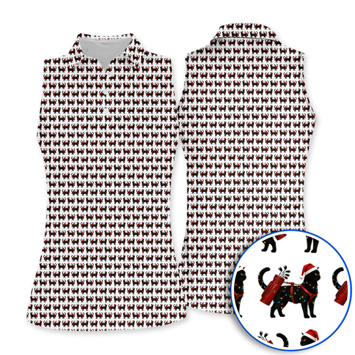 Black Cat Christmas Golf Shirt, Crazy Cats Golf Polos For Xmas Holiday, Golf Gift For Cat Loving Golfer
