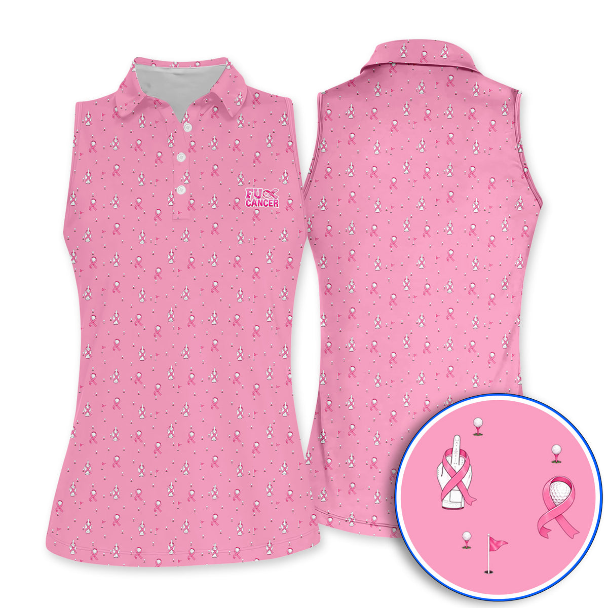 Pink Ribbon Golf Polos, Breast Cancer Awareness Pattern Golf Shirt, Supportive Golfer Gift for Golfer