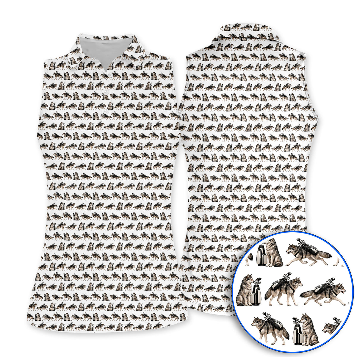 Wolf Golf Pattern Polos, Wild Wolf Golfing Shirt, Unique Wolf Golf Gift for Golfers