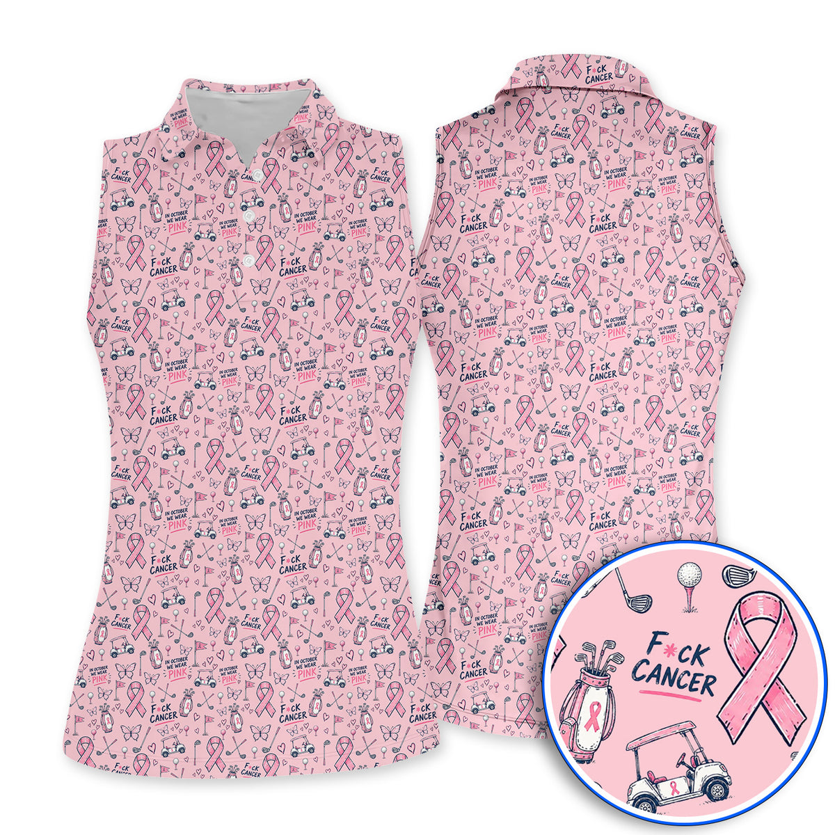 Fight Cancer Golf Shirt, Pink Ribbon Golf Cart Pattern Polos, Breast Cancer Awareness Gift for Golfers
