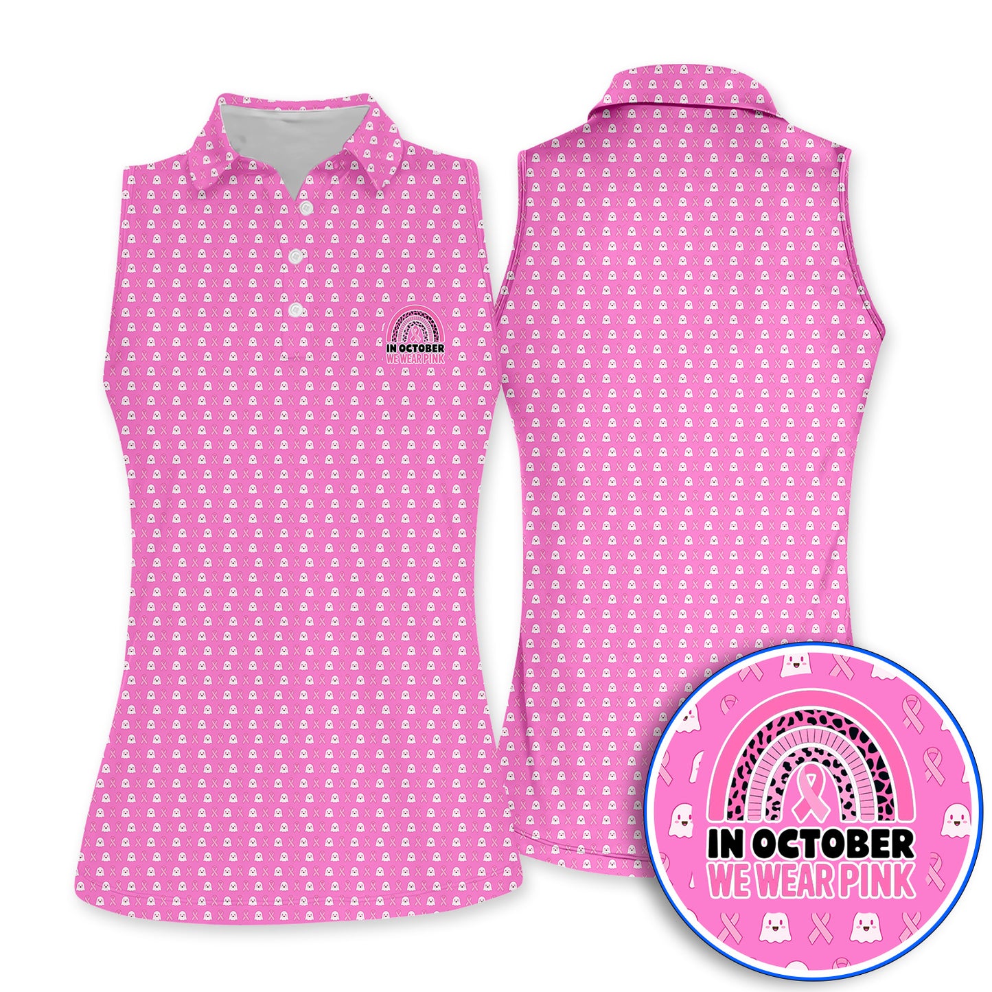 Breast Cancer Awareness Golf Polos, In October We Wear Pink Pattern Golf Shirt, Pink Ribbon Golf Gift for Breast Cancer Support