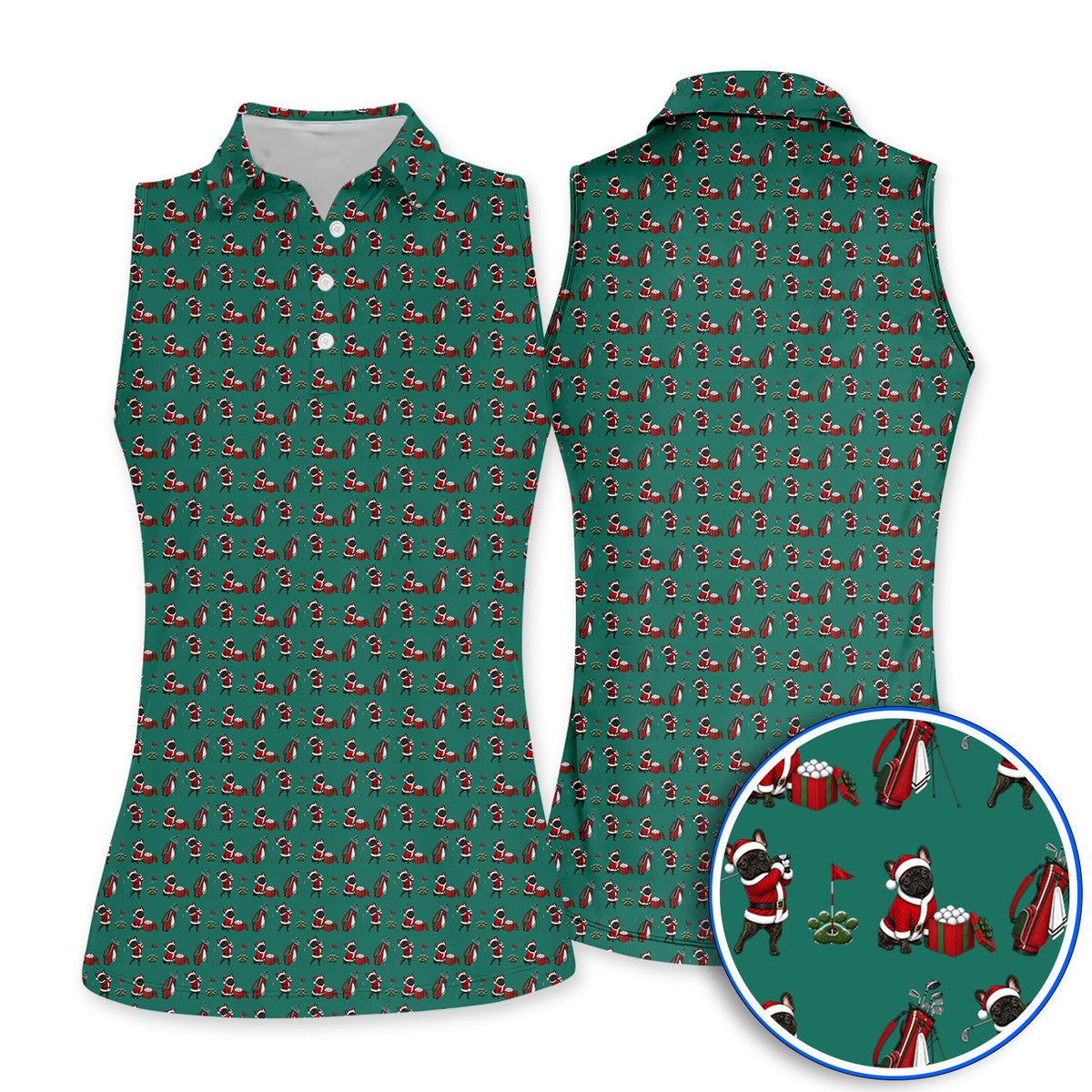 Christmas French BullDog Pattern Golf Polos, Funny Santa French BullDog Holiday Golf Shirt, Xmas Golf Gift For Golfers