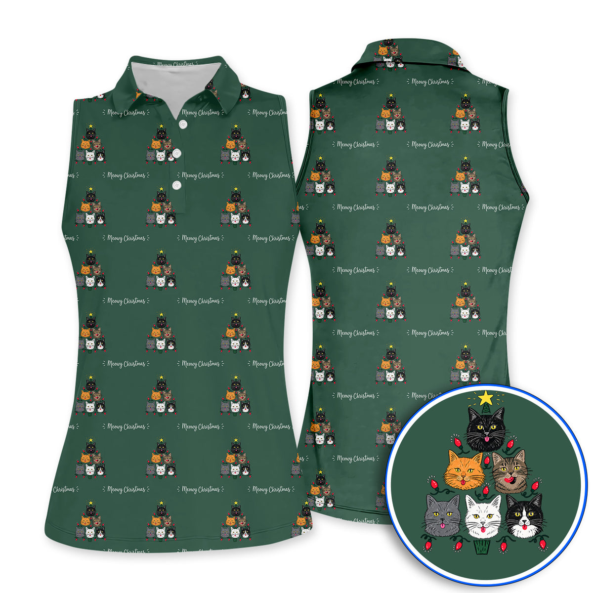 Meowy Christmas Cat Golf Polos, Festive Cat Christmas Pattern Golf Shirt, Xmas Golf Gift For Cat Lovers
