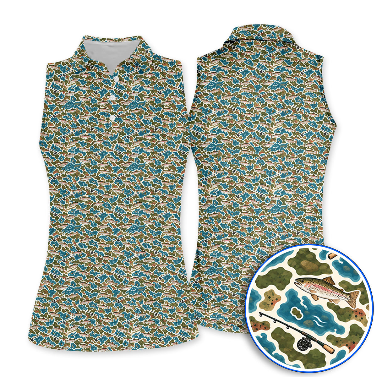 Rainbow Trout Fly Fishing Golf Shirt, Crazy Camo Fish Pattern Golf Polos, Outdoor Golf Apparel Gift for Trout Fishing Lovers