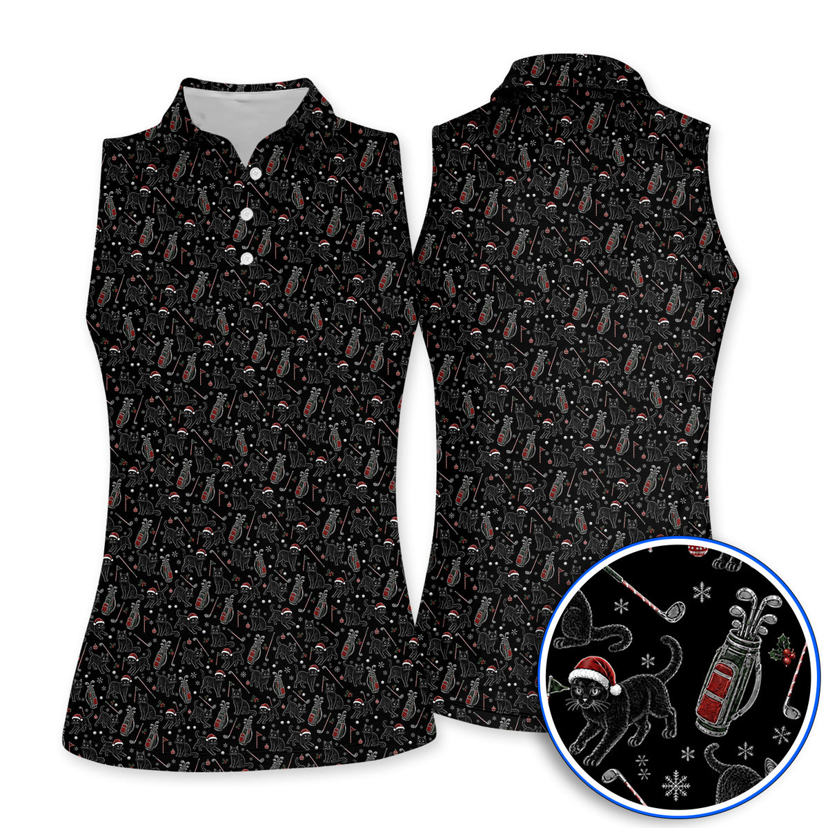 Funny Black Cat Christmas Golf Polos, Holiday Pattern Golf Shirt, Xmas Golf Gift For Golfers