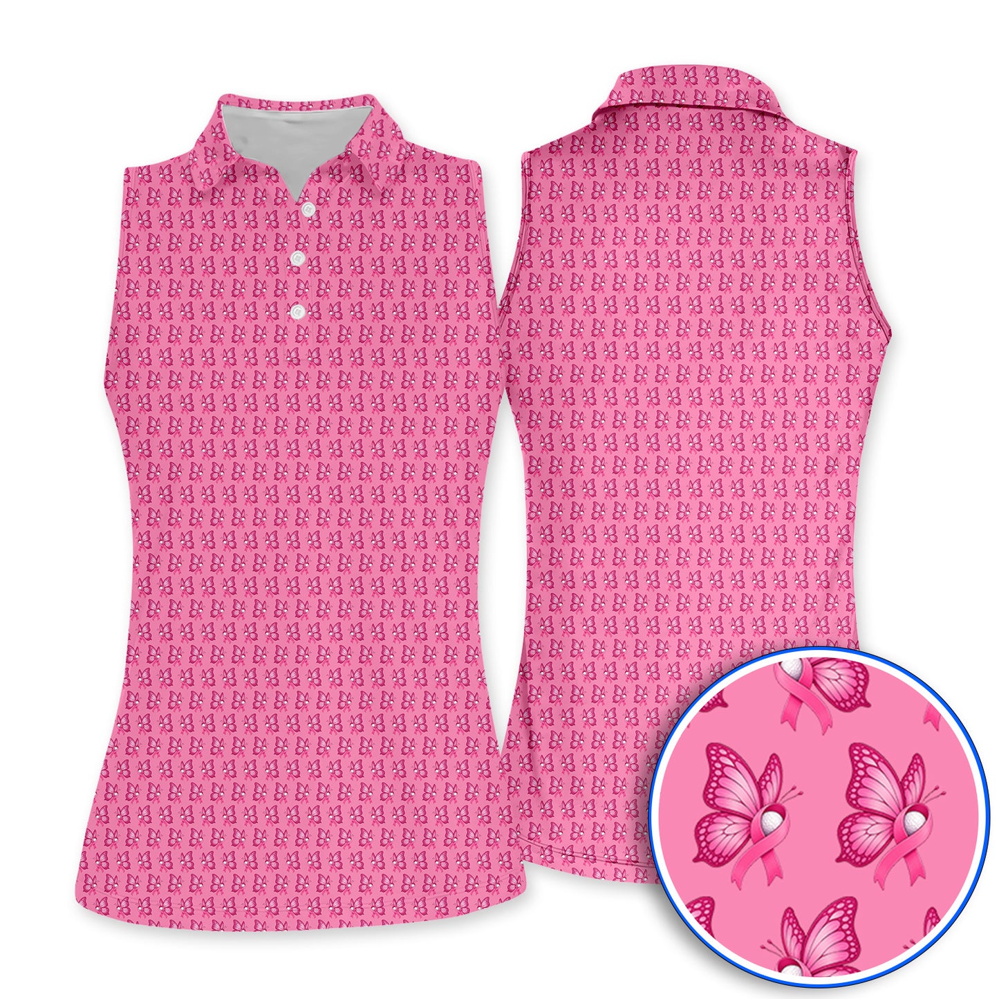 Breast Cancer Awareness Golf Polos, Pink Ribbon Butterfly Golf Shirt for Golf Lovers, Support Cancer Awareness Golf Gift