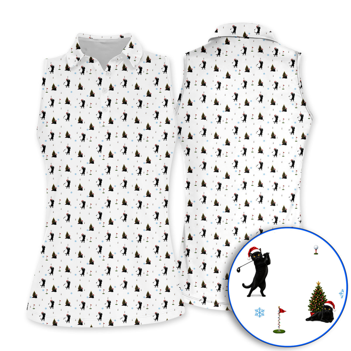 Black Cat Christmas Golf Shirt, Funny Cat Pattern Golf Polos, Xmas Golf Gift for Golfers