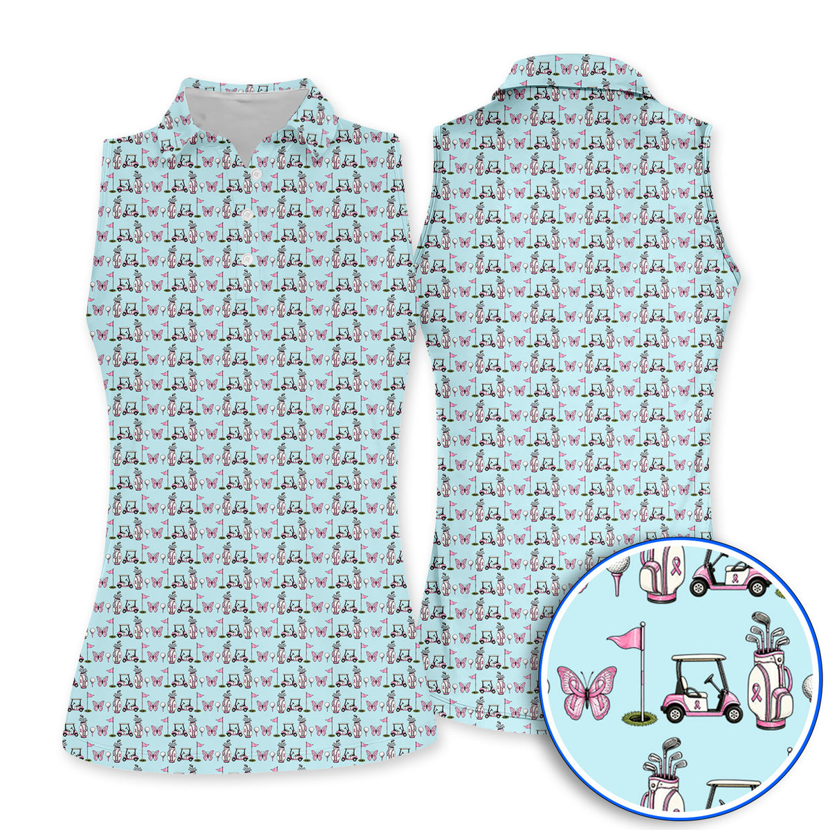 Pink Ribbon Fairway Golf Polos, Breast Cancer Support Golf Cart & Butterfly Pattern Shirt, Awareness Gift for Golfers