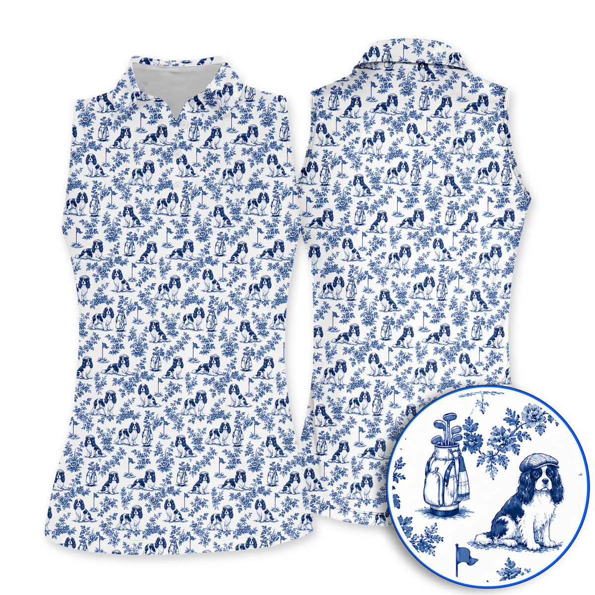 Funny Cavalier King Charles Spaniel Golf Polos, Toile de Jouy Cavalier Pattern Golf Shirt, Golf Gift For Golfer