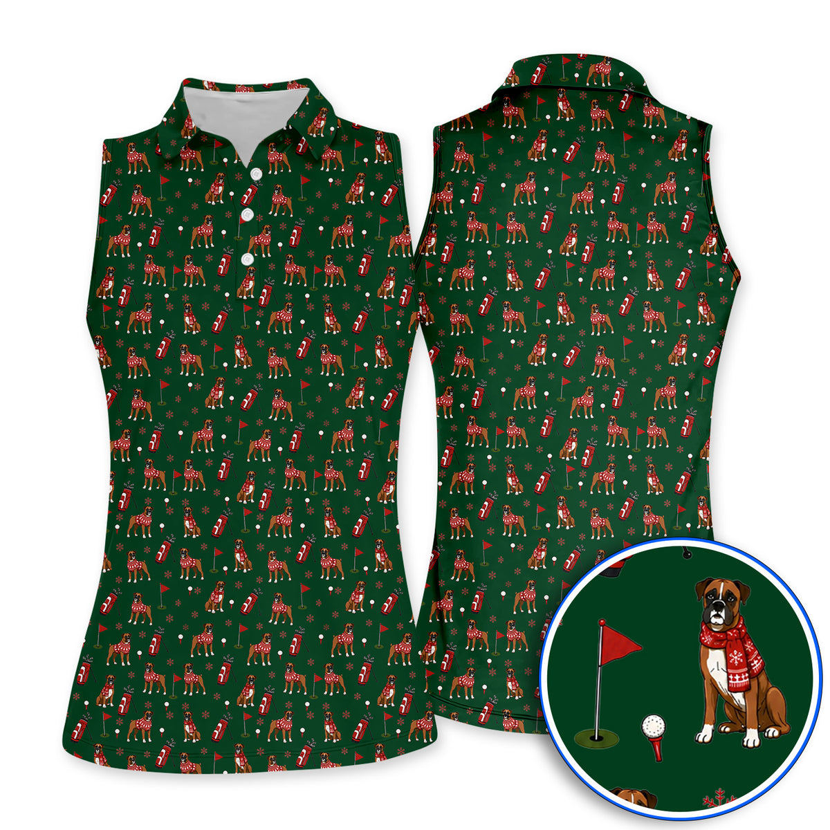 Boxer Christmas Golf Polos, Holiday Dog Pattern Golf Shirt, Festive Golf Gift for Golfers