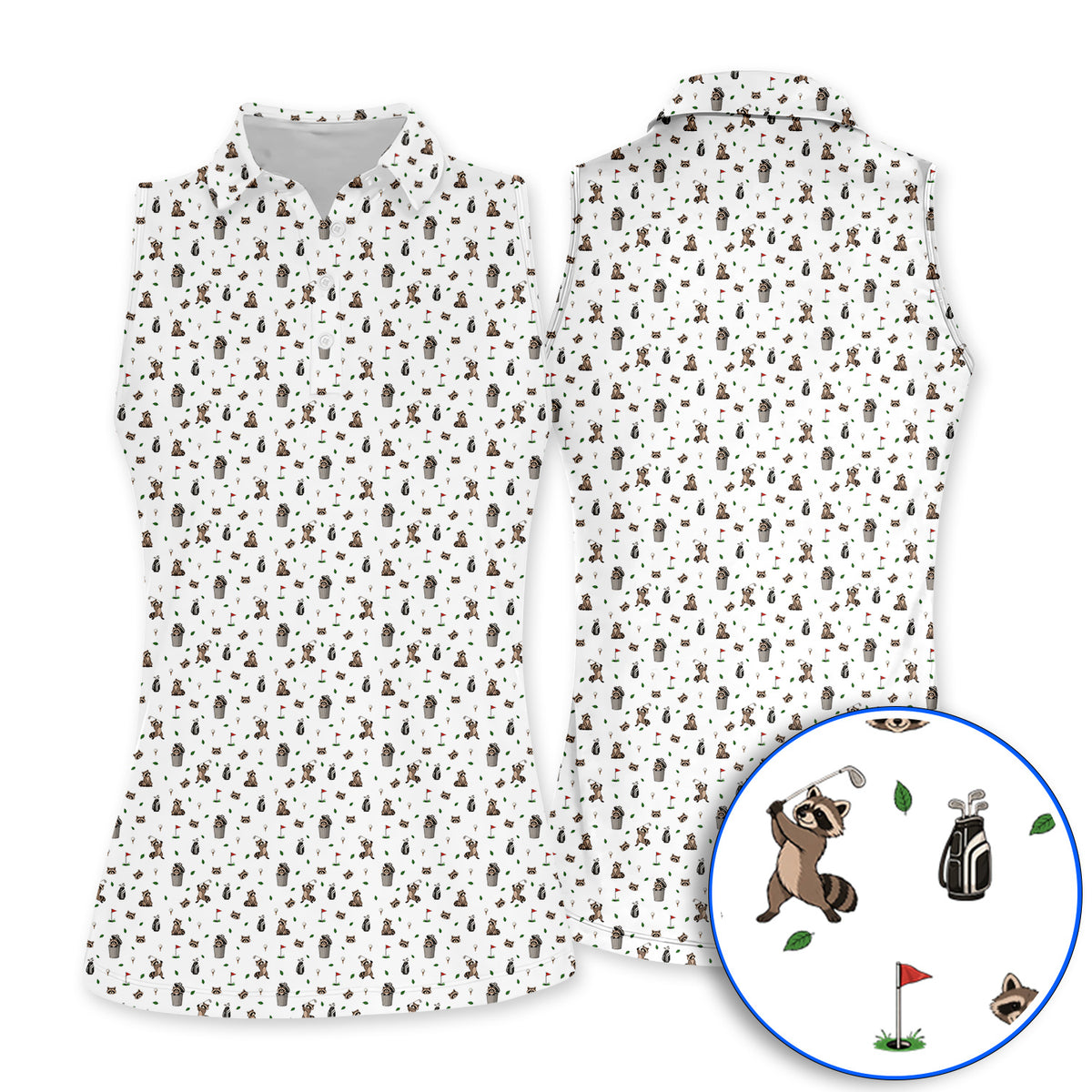 Raccoon Golf Polos, Playful Raccoon Golf Pattern Shirt, Funny Animal Golf Gift for Golfer
