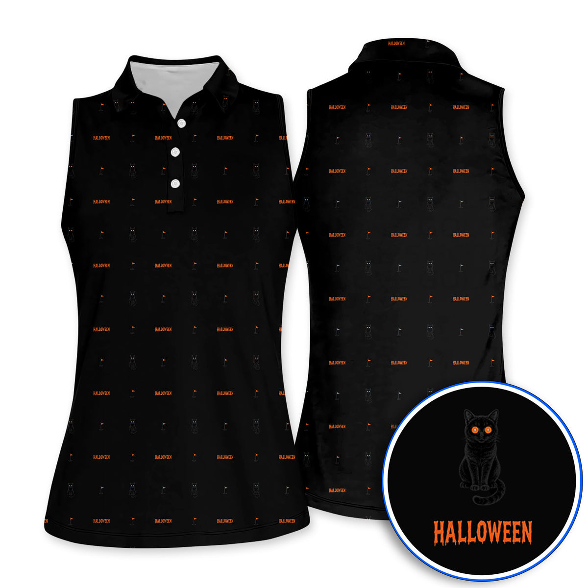 Black Cat Halloween Golf Polos, Spooky Cat Pattern Golf Shirt for Halloween Lovers, Funny Golf Gift for Golfers