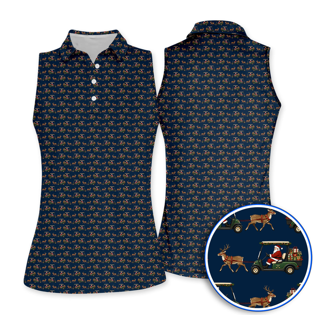 Santa Reindeer Golf Cart Polos, Xmas Pattern Golf Shirt, Crazy Christmas Golf Gift