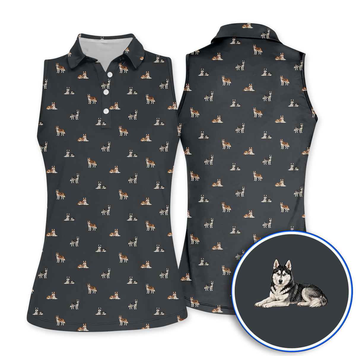 Funny Husky Sibir Golf Polos, Husky Pattern Golf Shirt For Golfer, Golf Gift For Dog Lover