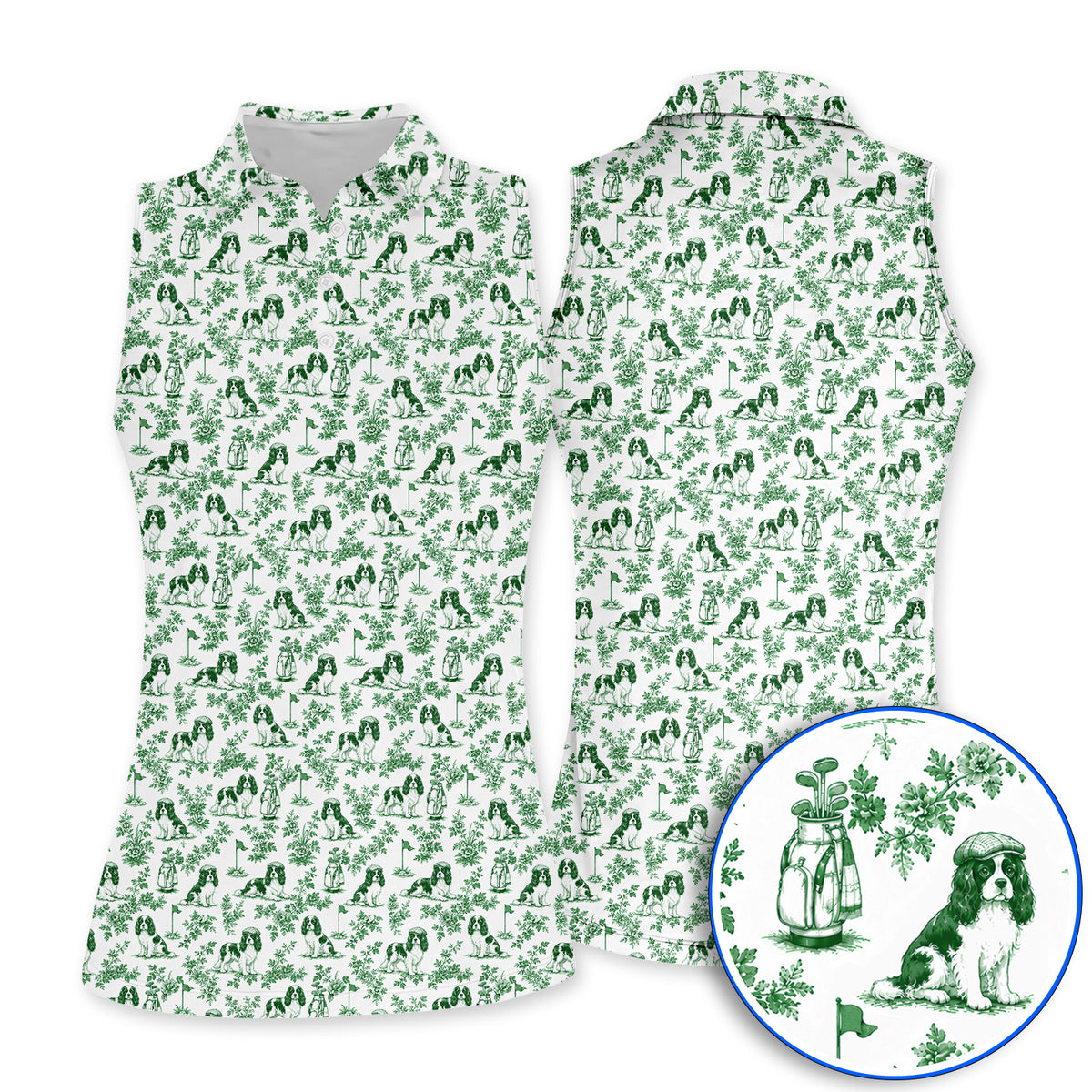 Funny Cavalier King Charles Spaniel Golf Polos, Toile de Jouy Cavalier Pattern Golf Shirt, Golf Gift For Golfer