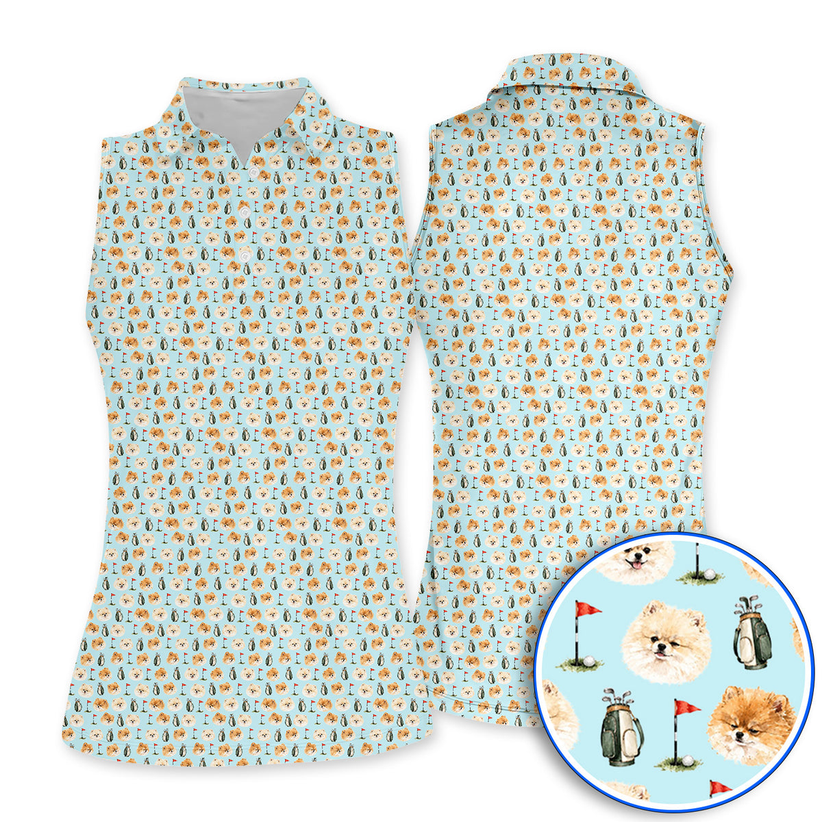 Pomeranian Golf Shirt, Fluffy Pom Dog & Golf Pattern Polos, Funny Golf Gift For Golfer