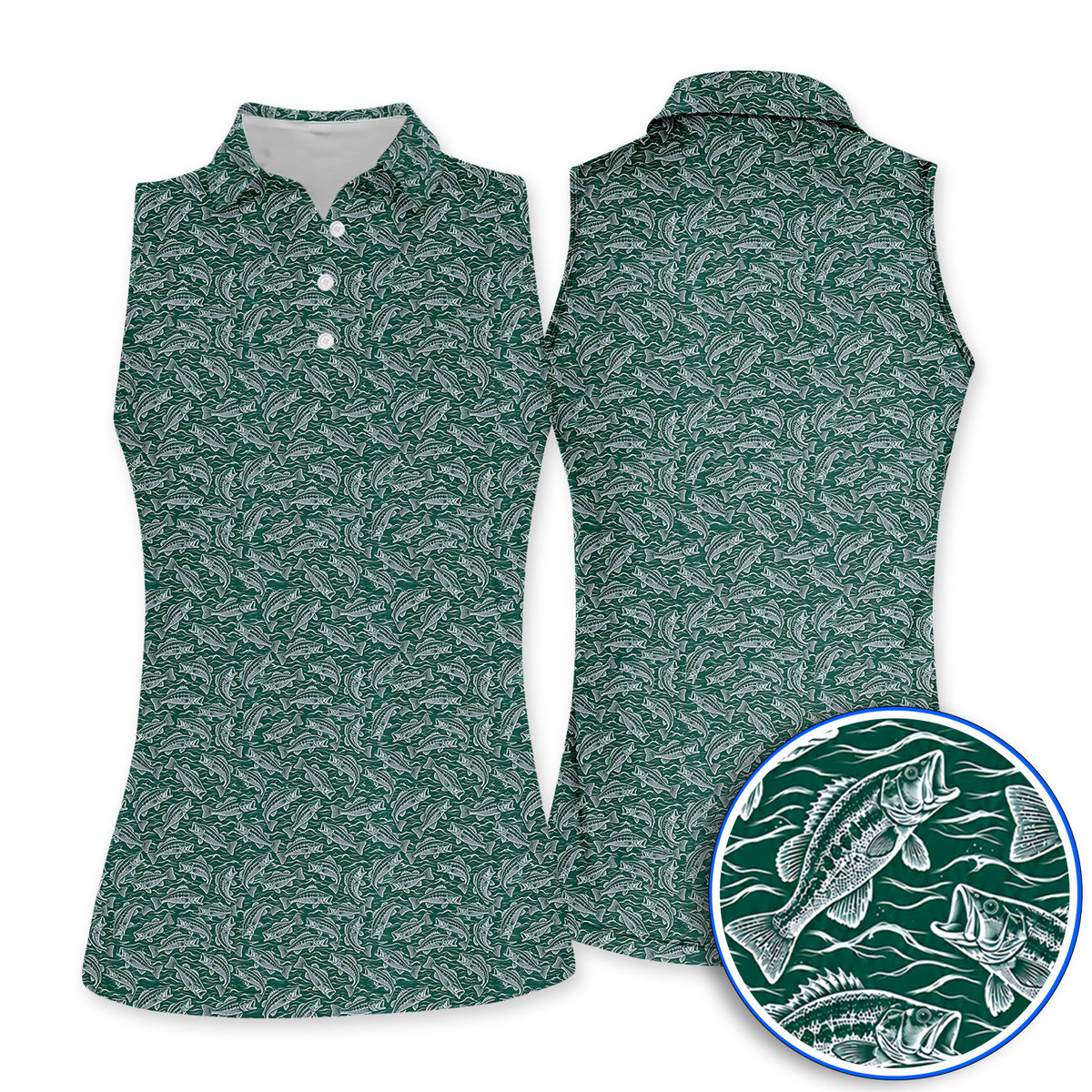 Vintage Bass Fishing Golf Polos, Forest Green Fish & Water Pattern Shirt, Golf Apparel Gift for Fishing Lovers
