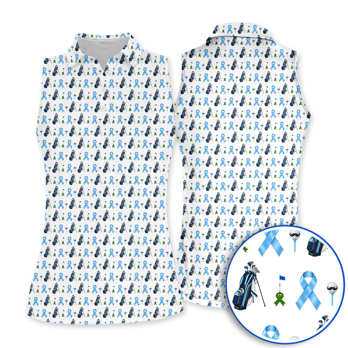 Prostate Cancer Awareness Golf Polos, Blue Ribbon Golf Pattern Shirt, Prostate Cancer Support Gift for Golfers