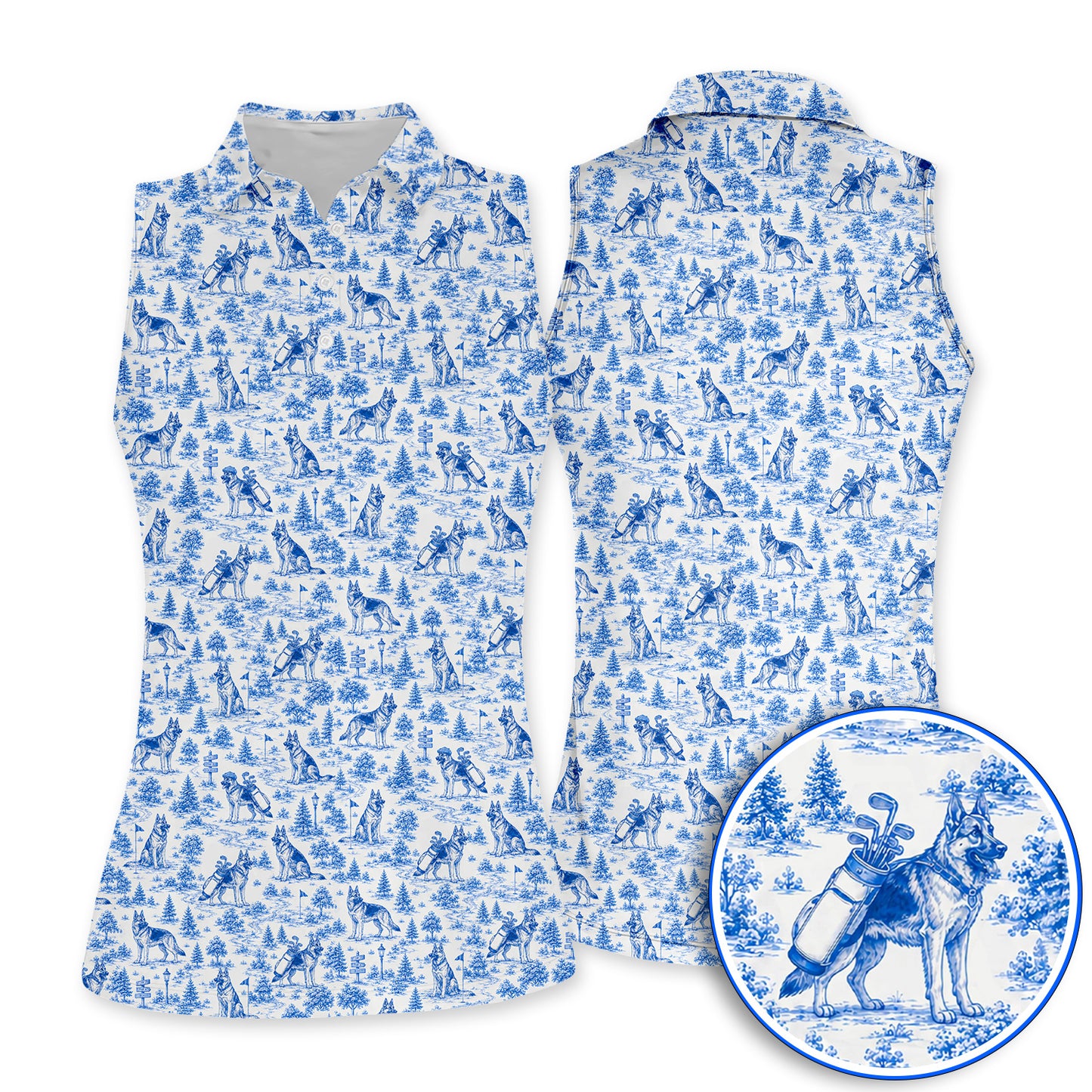 Toile De Jouy German Shepherd Golf Polos, German Shepherd Pattern Golf Shirt, Dog Dad Golf Gift
