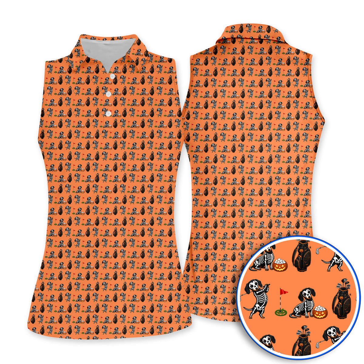 Halloween Dachshund Golf Polos, Skeleton Wiener Dog Pattern Golf Shirt, Funny Golf Gift for Golfer