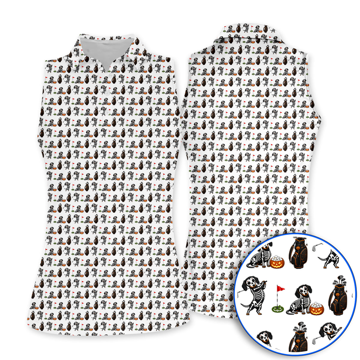 Halloween Dachshund Golf Polos, Skeleton Wiener Dog Pattern Golf Shirt, Funny Golf Gift for Golfer