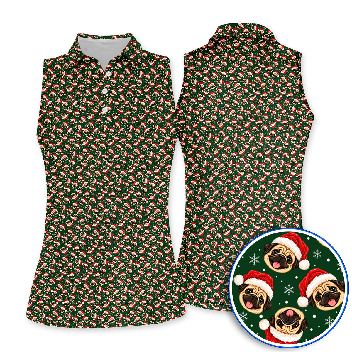 Funny Christmas Pug Golf Polos, Pug Pattern Golf Shirt For Dog Lovers, Xmas Golf Gift For Golfers