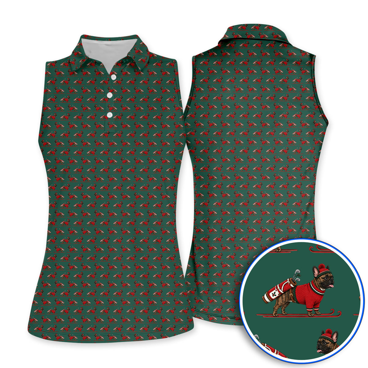 French Bulldog Holiday Golf Polos, Christmas Dog Pattern Golf Shirt, Festive Golf Gift for Golfers