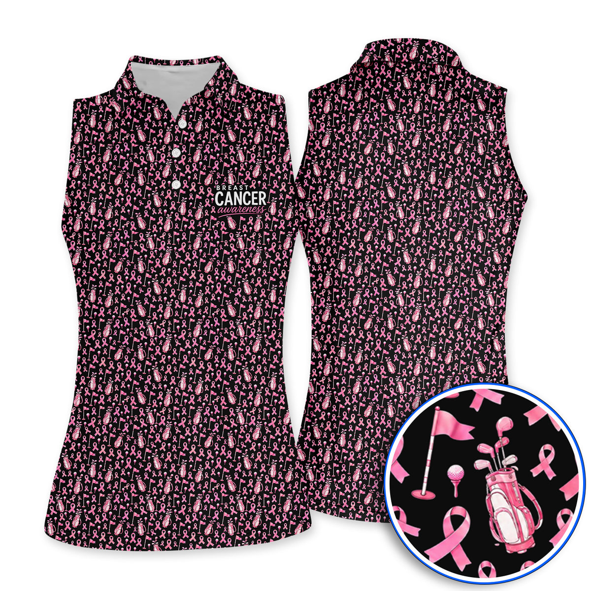 Breast Cancer Awareness Golf Polos, Pink Ribbon Golf Bag Pattern Shirt, October Golf Gift for Golfer