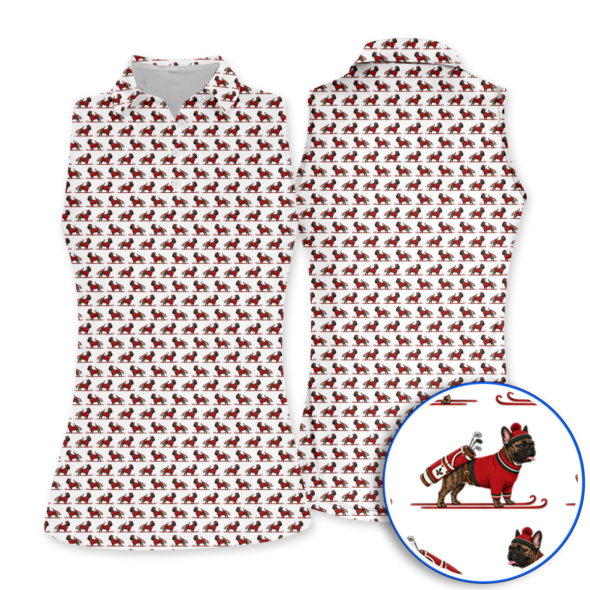 French Bulldog Holiday Golf Polos, Christmas Dog Pattern Golf Shirt, Festive Golf Gift for Golfers