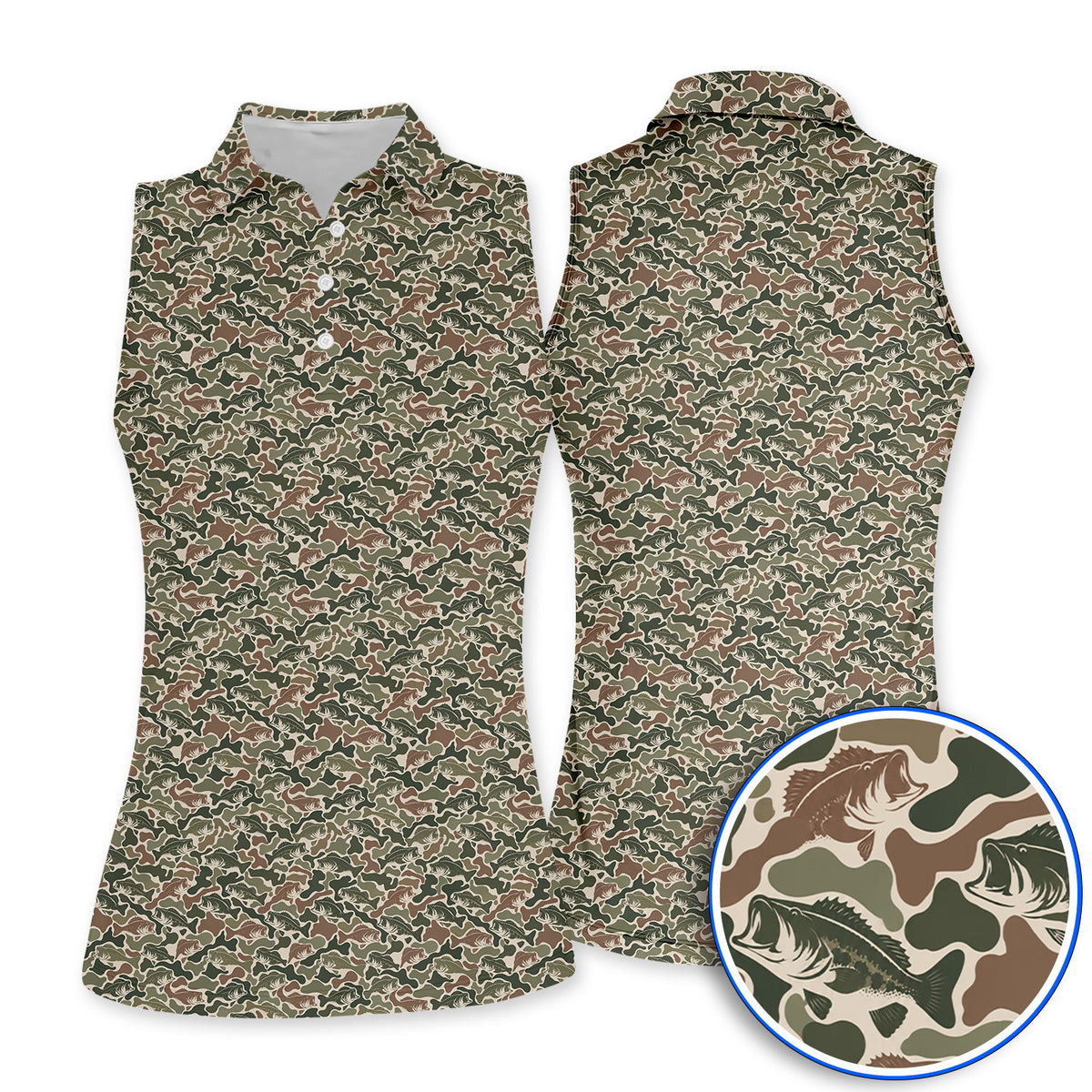 Bass Fishing Camo Pattern Golf Polos, Largemouth Bass Camouflage Golf Shirt, Golf Gift For Golfers