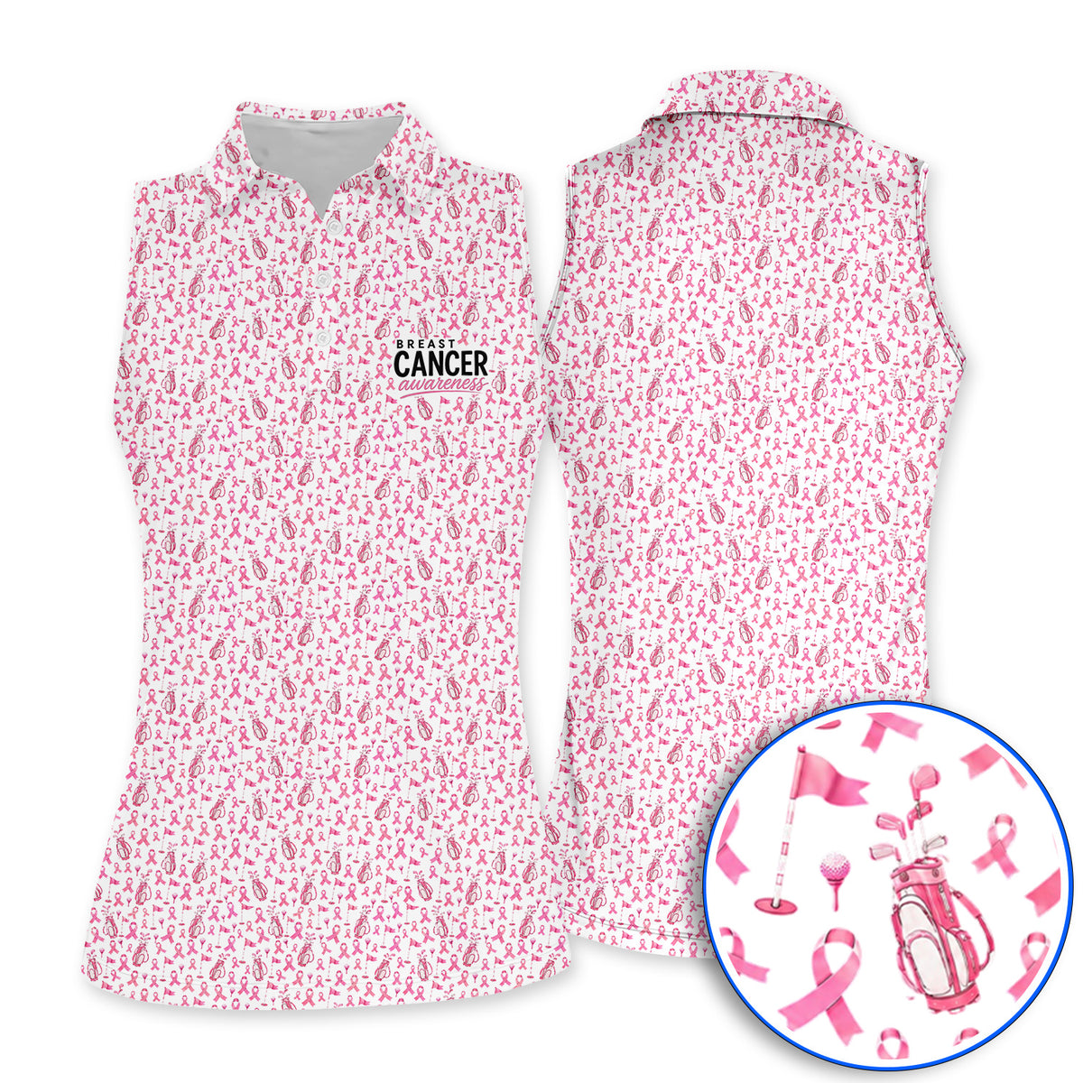 Breast Cancer Awareness Golf Polos, Pink Ribbon Golf Bag Pattern Shirt, October Golf Gift for Golfer