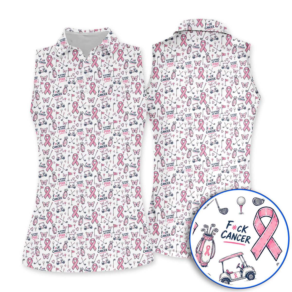 Fight Cancer Golf Shirt, Pink Ribbon Golf Cart Pattern Polos, Breast Cancer Awareness Gift for Golfers