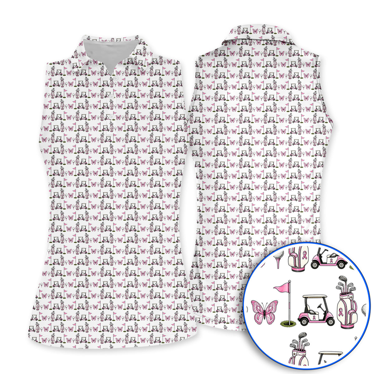 Pink Ribbon Fairway Golf Polos, Breast Cancer Support Golf Cart & Butterfly Pattern Shirt, Awareness Gift for Golfers